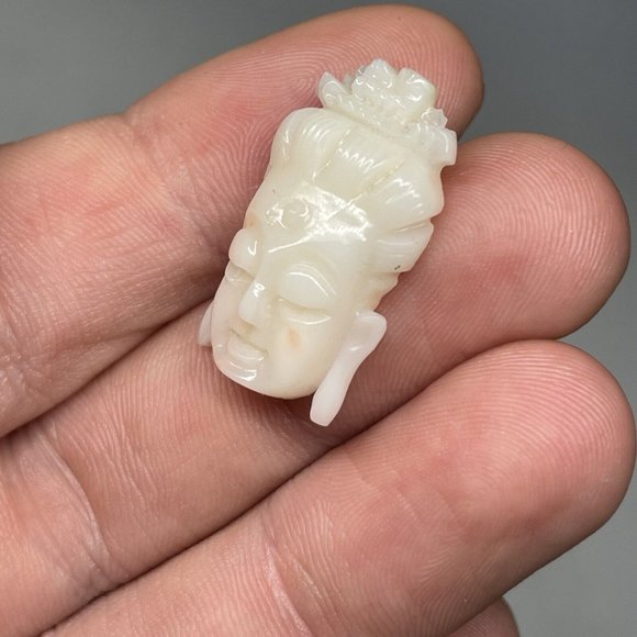 1" Antique Hand Carved Angel Coral Buddha Face Boddhisatva Chinese Pendant Head - Picture 3 of 14